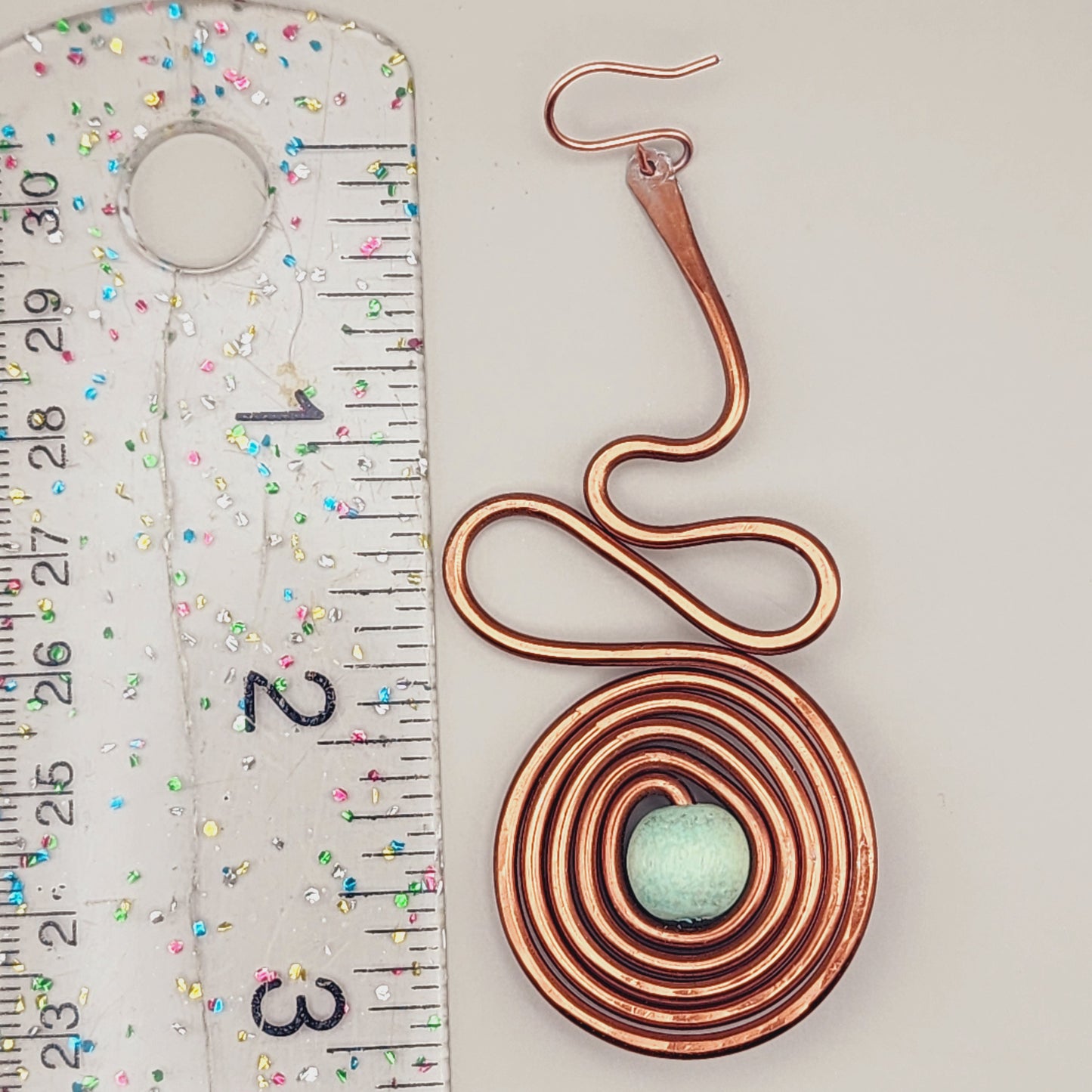 Long Bronze Colored Artsy Aluminum Earrings with Aqua Wood Beads