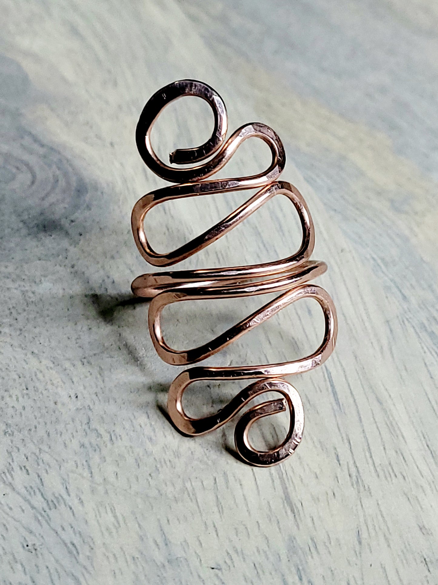 Hammered Pure Copper Long Scrolled Ring | Statement Ring