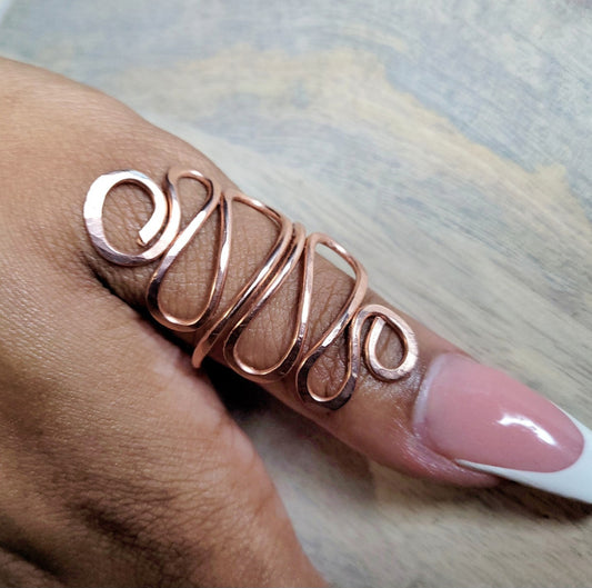 Hammered Pure Copper Long Scrolled Ring | Statement Ring