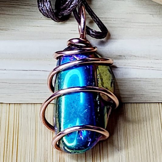 Natural Blue Peacock Ore Crystal Pure Copper Wrapped Pendant on Necklace Cord | Intention Jewelry