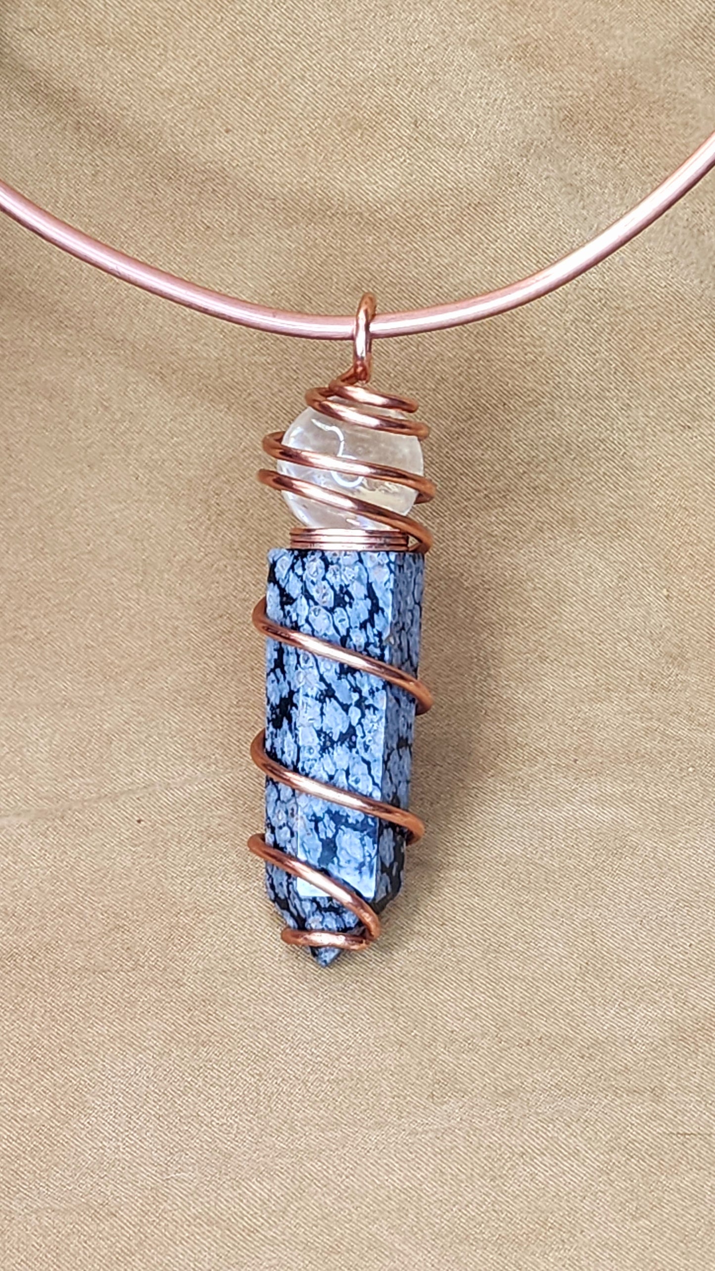 Zebra Jasper Crystal Necklace Copper Wrapped Pendant with Round Clear Quartz Crystal | Intention Jewelry