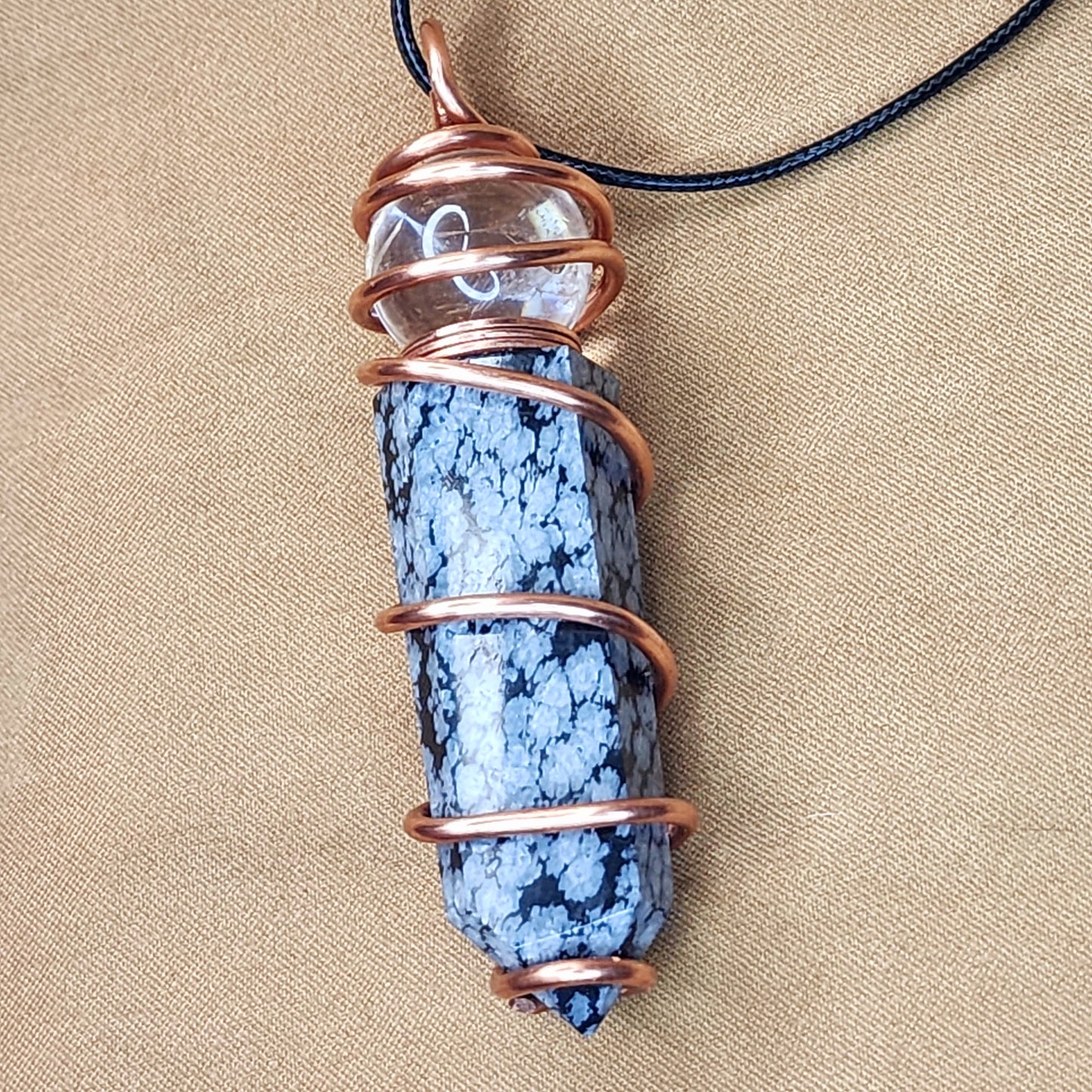 Zebra Jasper Crystal Necklace Copper Wrapped Pendant with Round Clear Quartz Crystal | Intention Jewelry