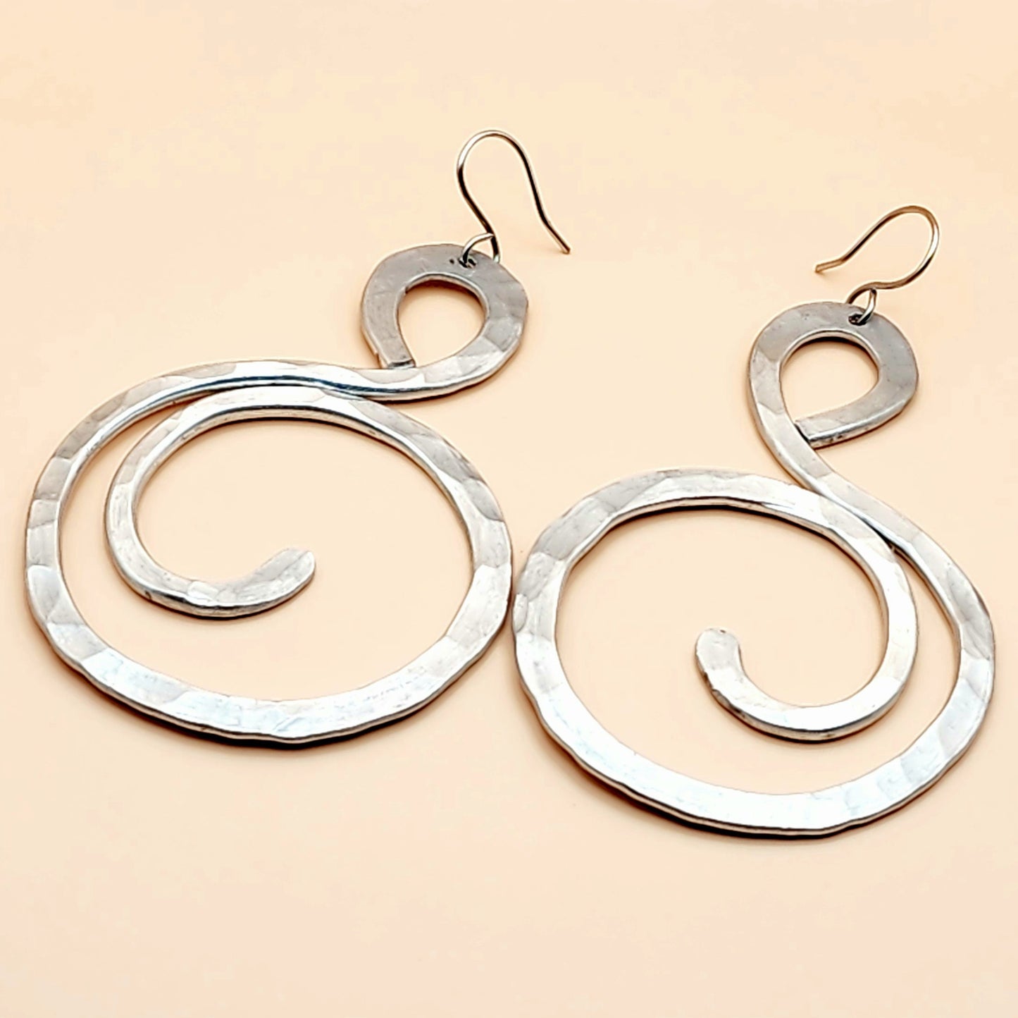 Hammered Silver Aluminum Artistic Curl Earrings | Light Weight | Aluminum Jewelry | Wire Jewelry