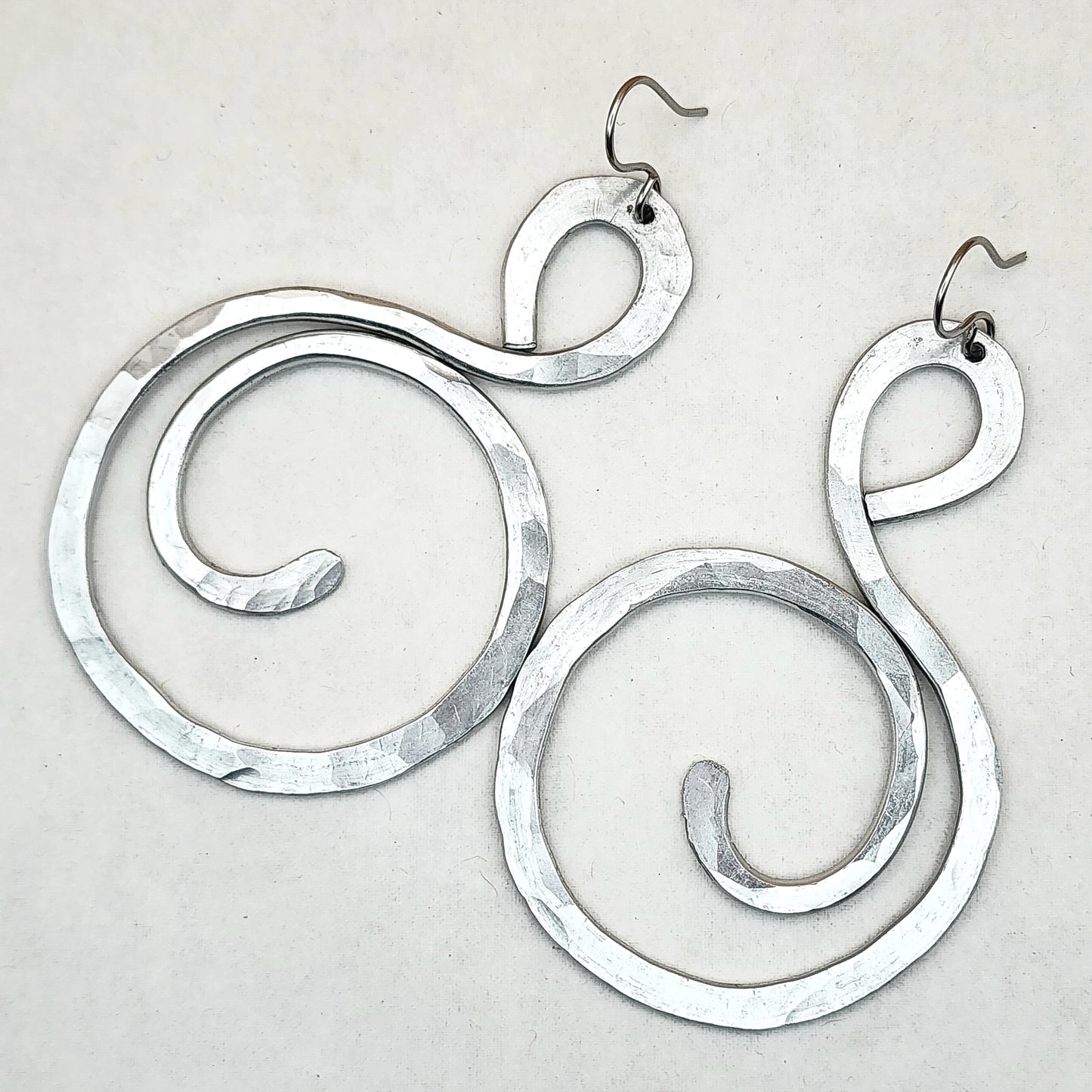 Hammered Silver Aluminum Artistic Curl Earrings | Light Weight | Aluminum Jewelry | Wire Jewelry