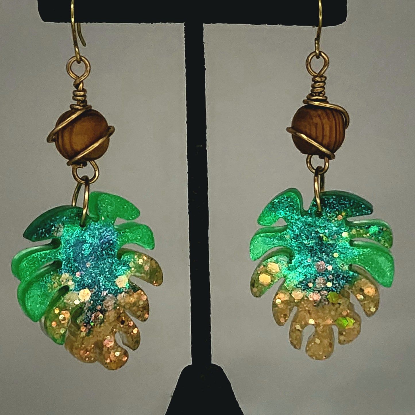 Monstera Leaf | Palm Leaf Sparkling Glow in the Dark Resin Dangle Earrings