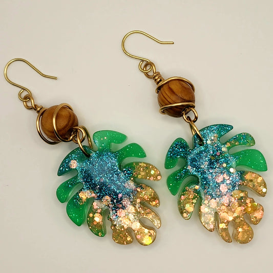 Monstera Leaf | Palm Leaf Sparkling Glow in the Dark Resin Dangle Earrings