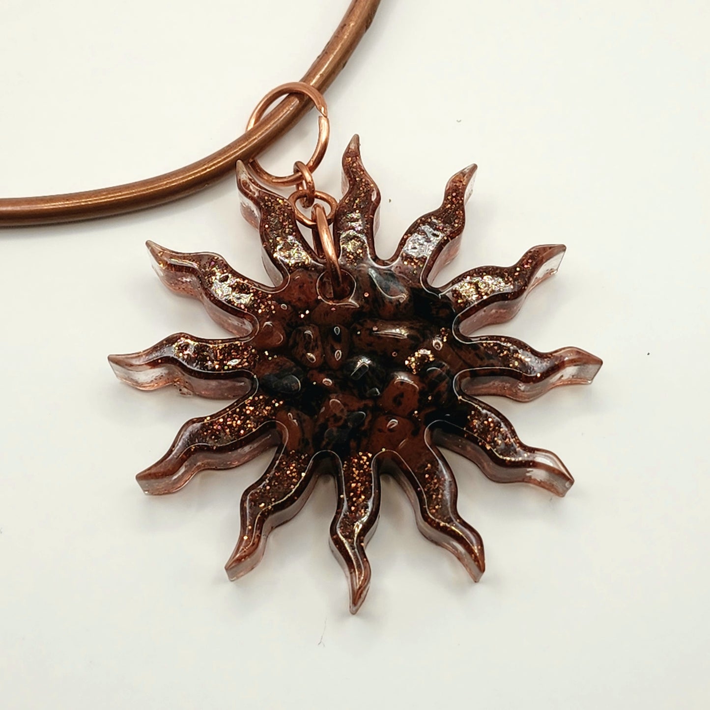 Mahogany Jasper Crystals in a Sparkling Resin Sun Pendant | Intention Jewelry