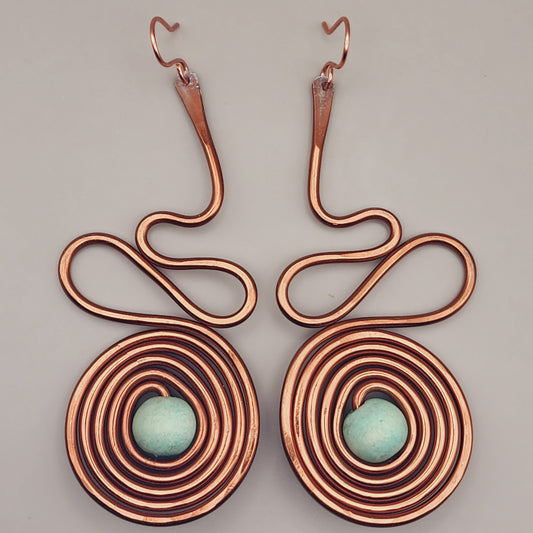 Long Bronze Colored Artsy Aluminum Earrings with Aqua Wood Beads