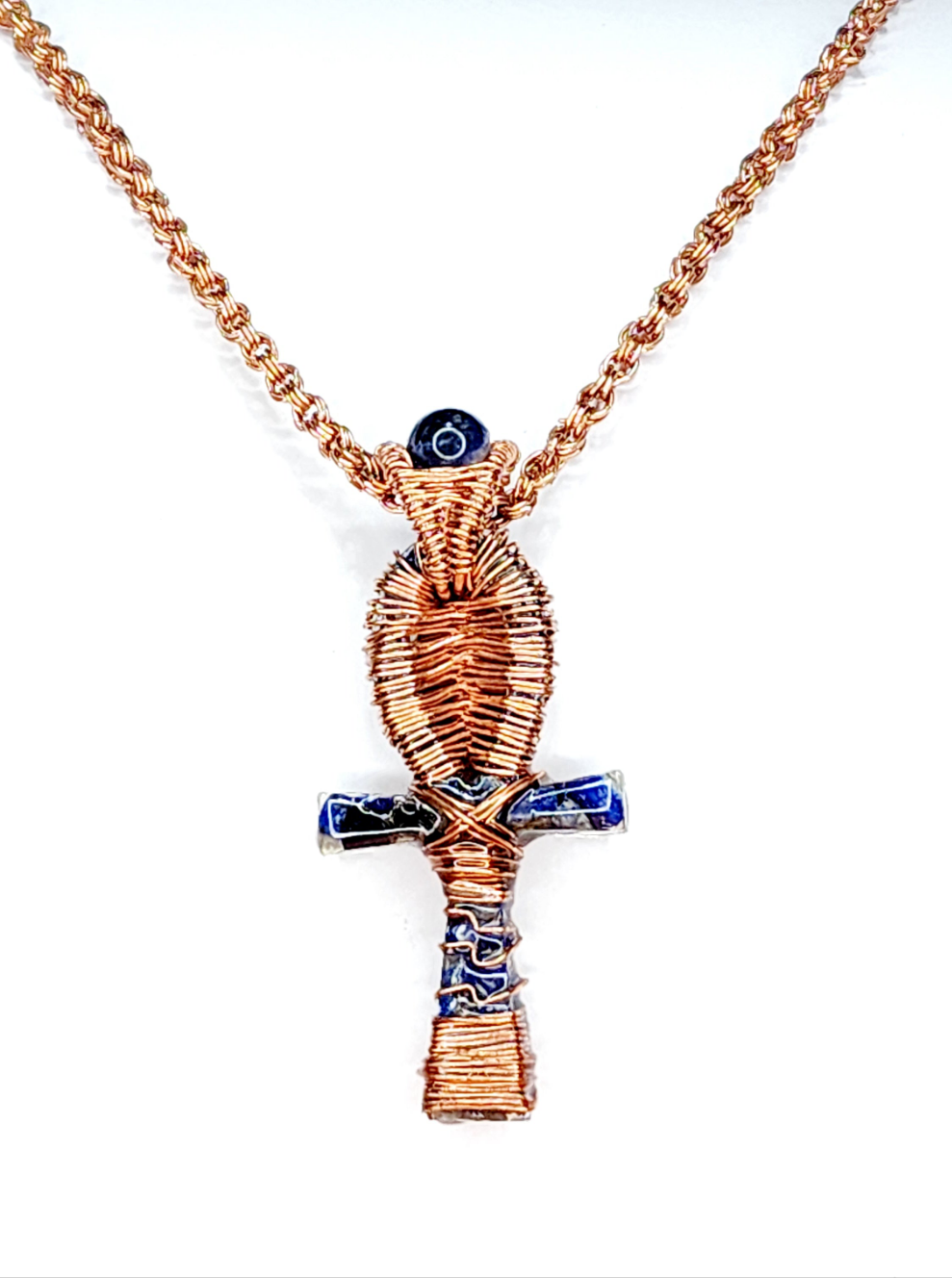 Copper Wrapped Blue Sodalite Resin Ankh Pendant with Copper Handmade Chain Link Necklace