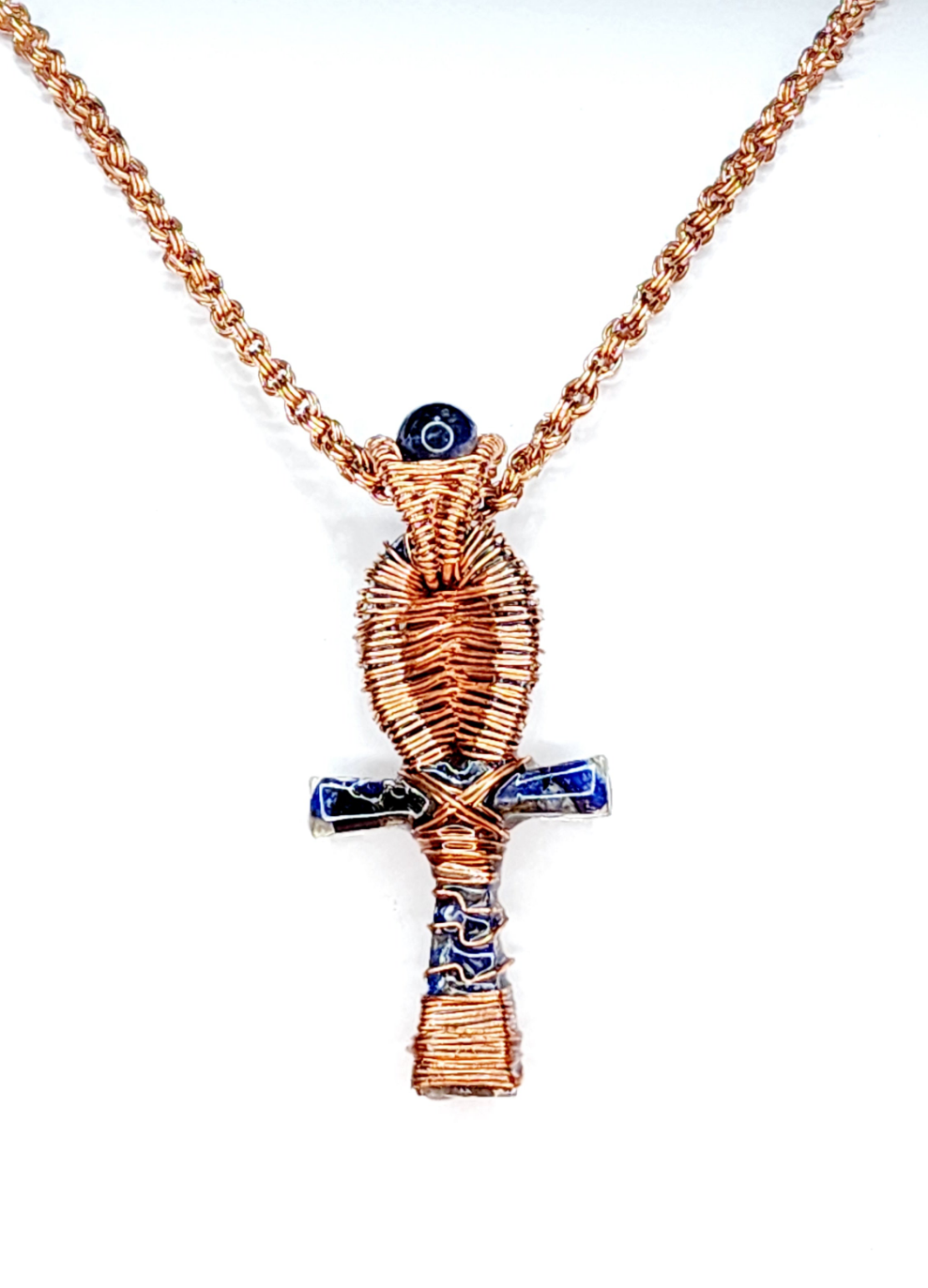 Copper Wrapped Blue Sodalite Resin Ankh Pendant with Copper Handmade Chain Link Necklace