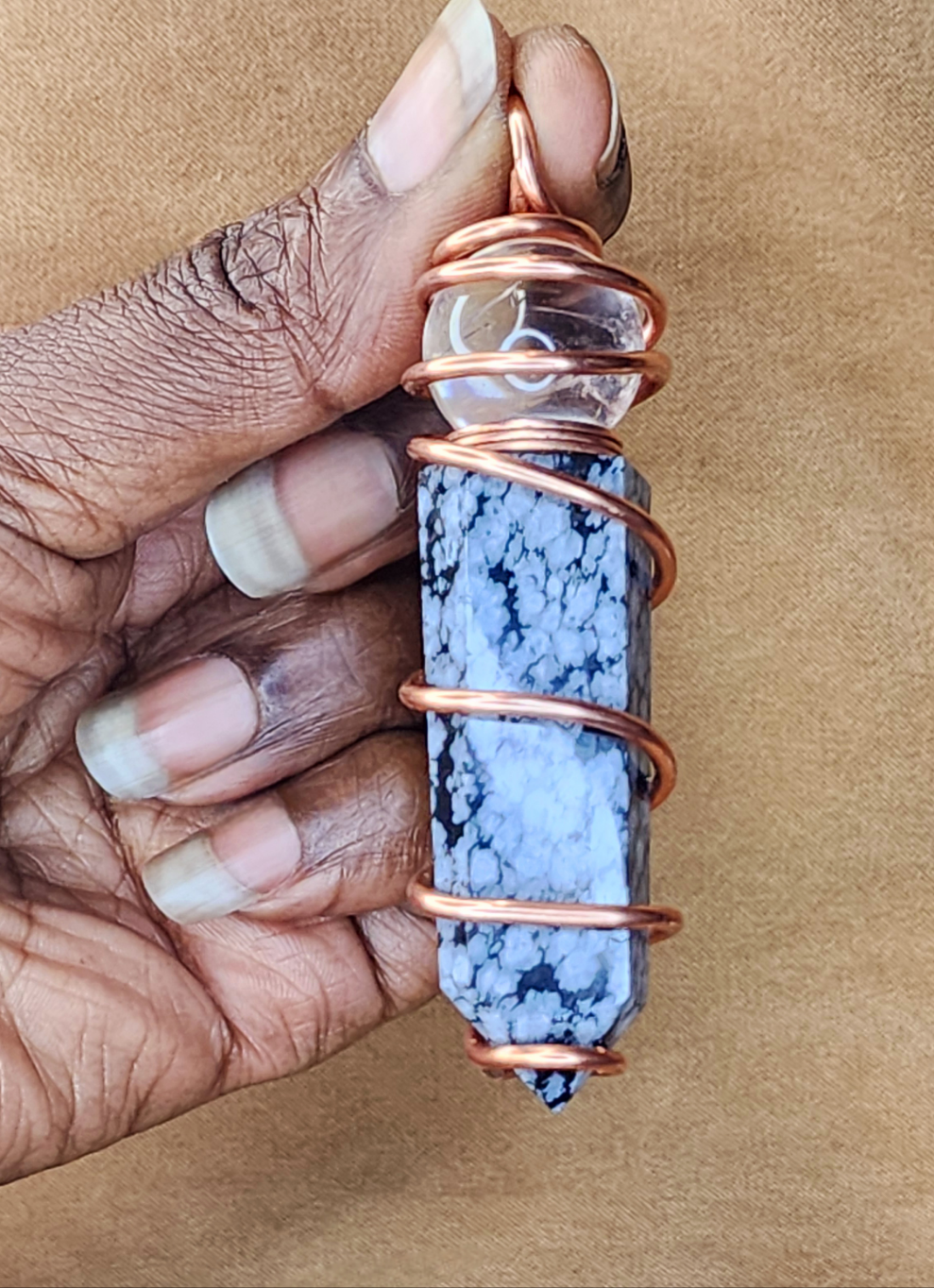 Zebra Jasper Crystal Necklace Copper Wrapped Pendant with Round Clear Quartz Crystal | Intention Jewelry