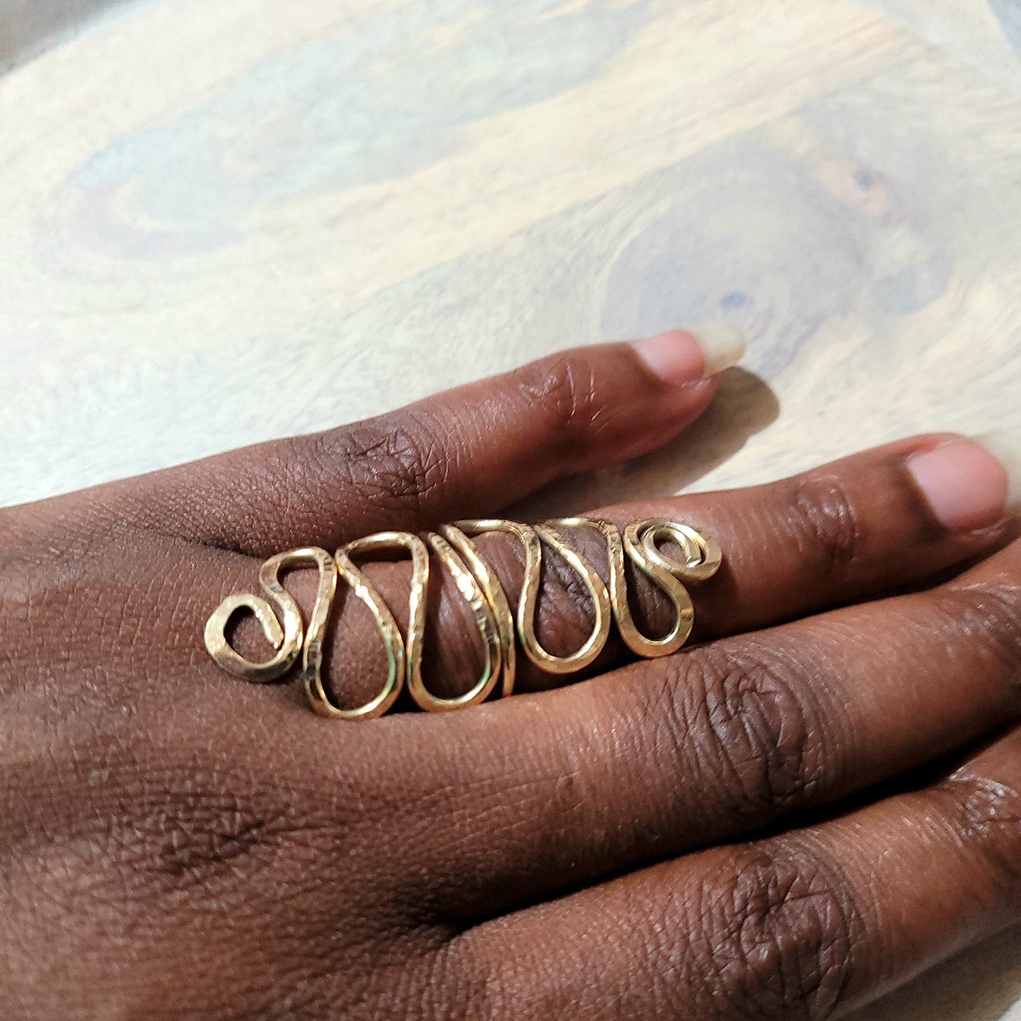 Hammered Brass Long Scrolled Ring | Statement Ring