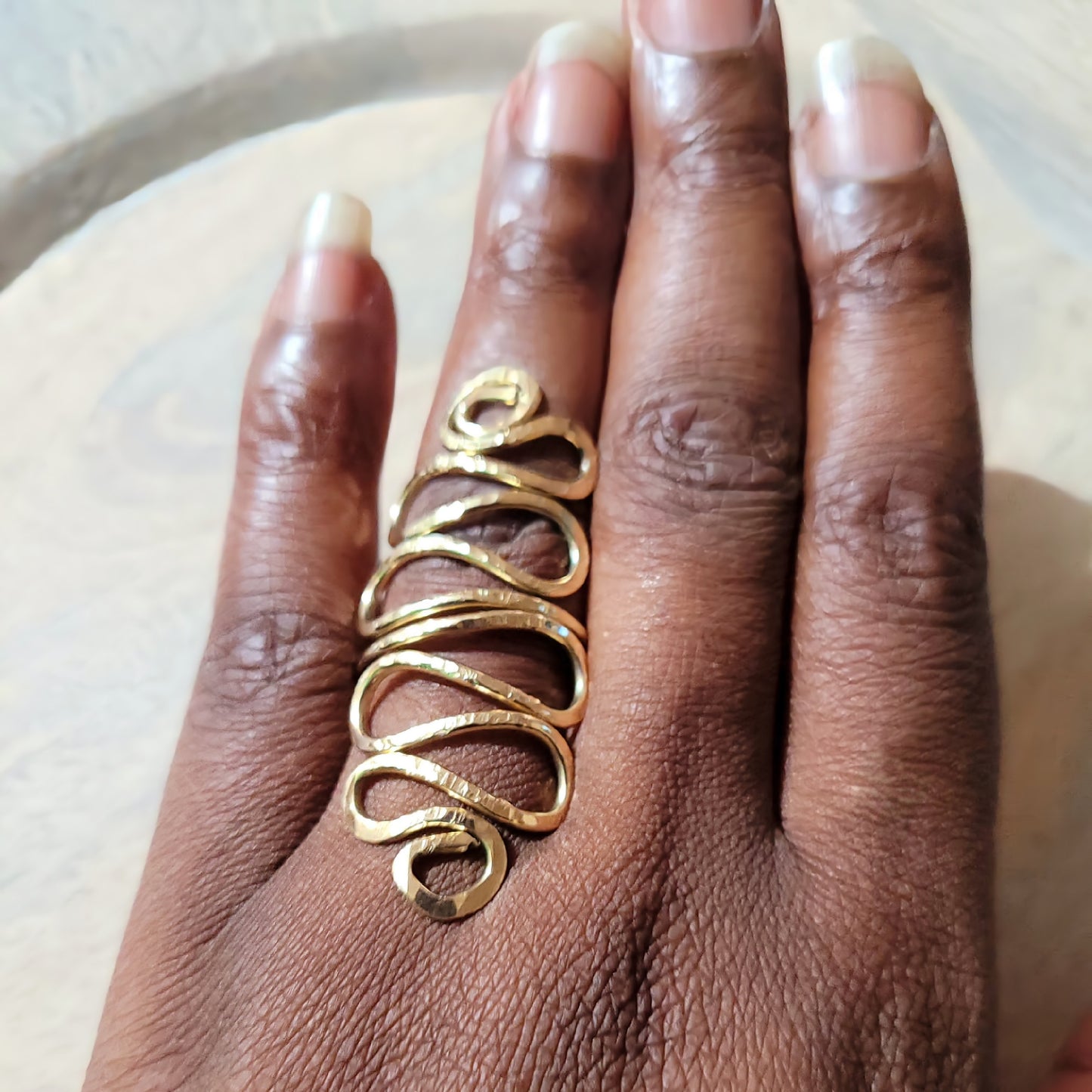 Hammered Brass Long Scrolled Ring | Statement Ring