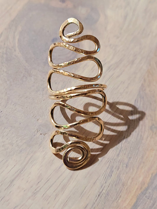 Hammered Brass Long Scrolled Ring | Statement Ring