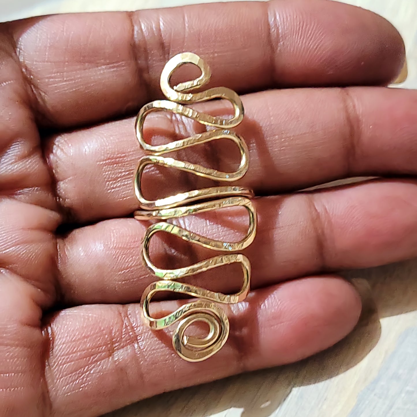 Hammered Brass Long Scrolled Ring | Statement Ring