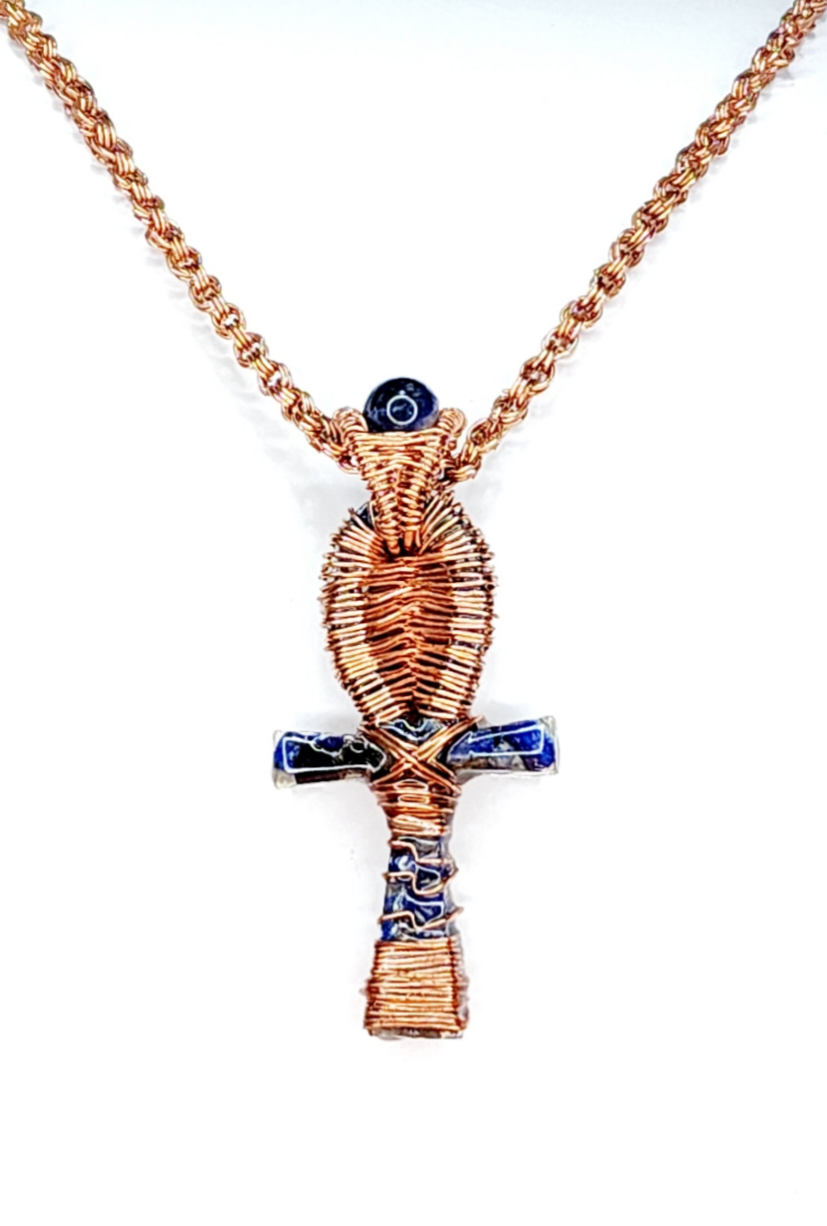 Copper Wrapped Blue Sodalite Resin Ankh Pendant with Copper Handmade Chain Link Necklace