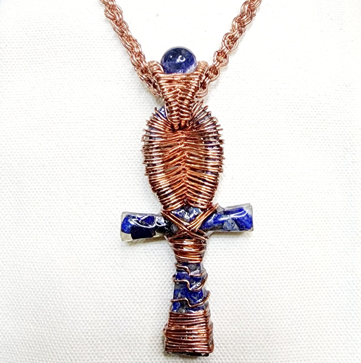 Copper Wrapped Blue Sodalite Resin Ankh Pendant with Copper Handmade Chain Link Necklace