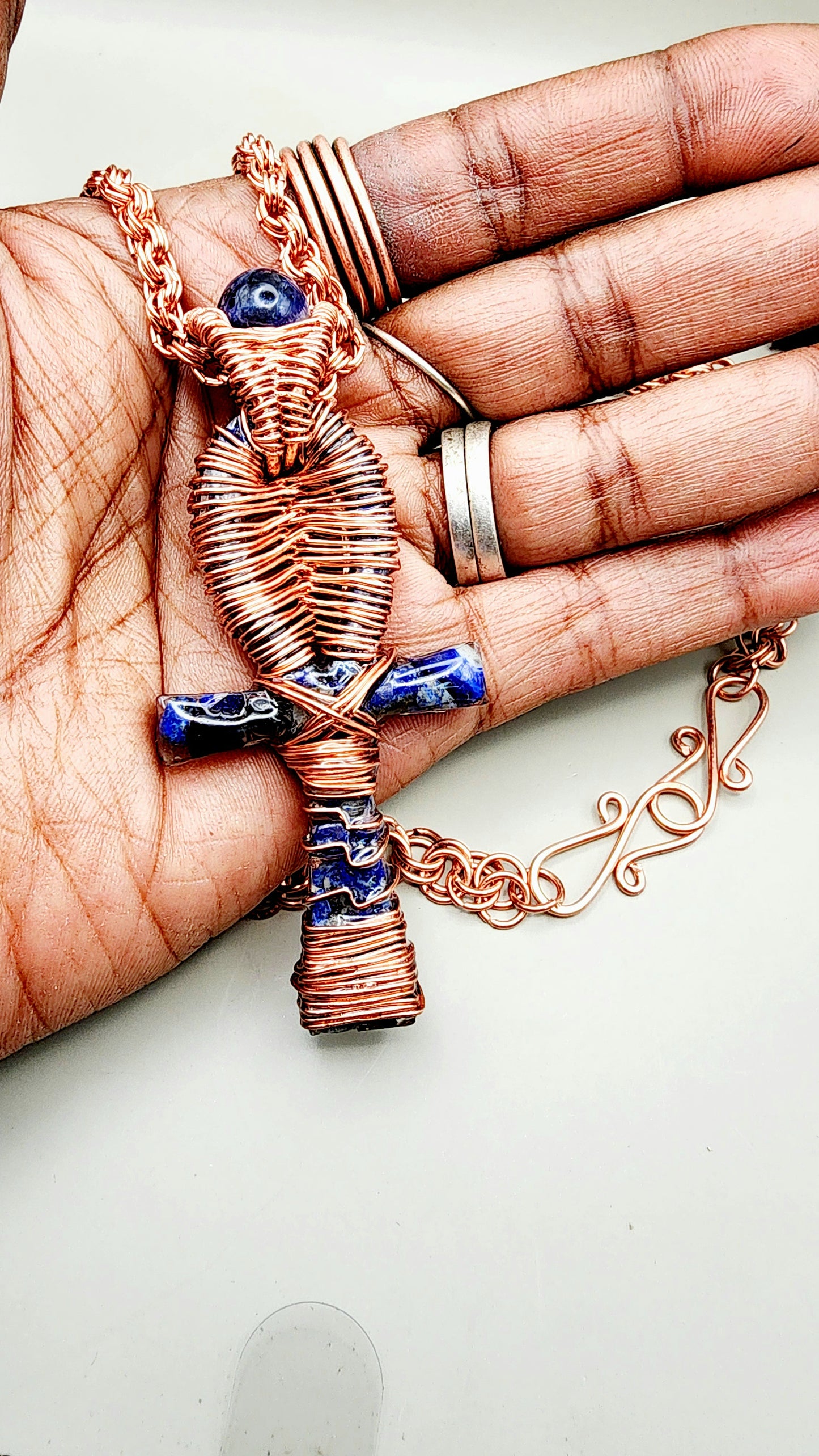 Copper Wrapped Blue Sodalite Resin Ankh Pendant with Copper Handmade Chain Link Necklace