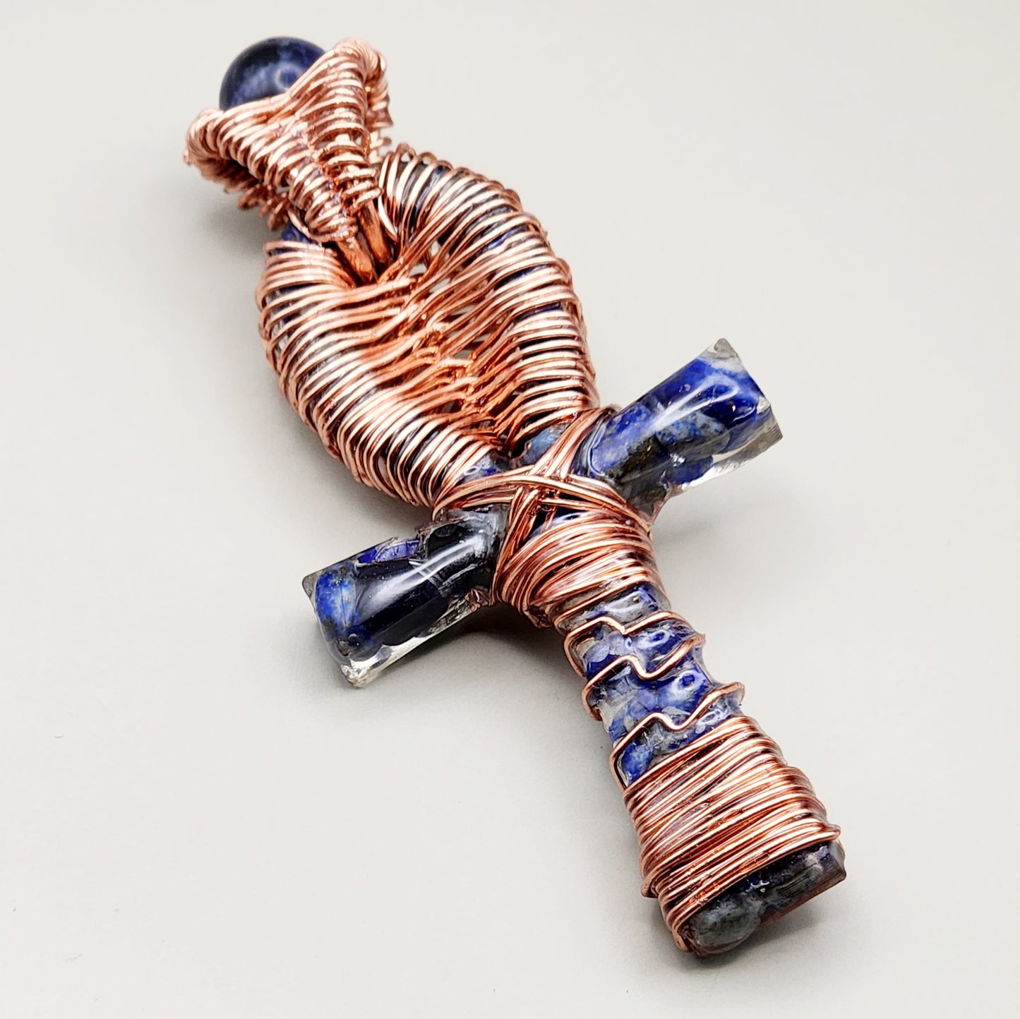 Copper Wrapped Blue Sodalite Resin Ankh Pendant with Copper Handmade Chain Link Necklace