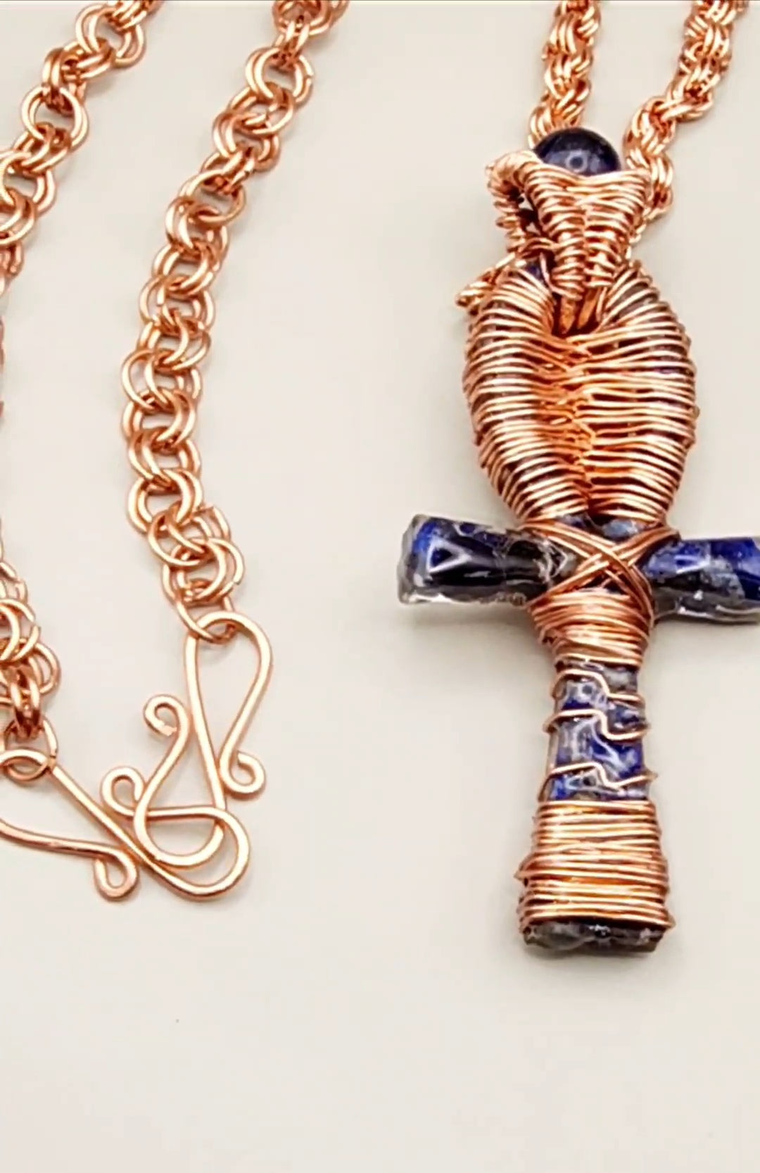 Copper Wrapped Blue Sodalite Resin Ankh Pendant with Copper Handmade Chain Link Necklace