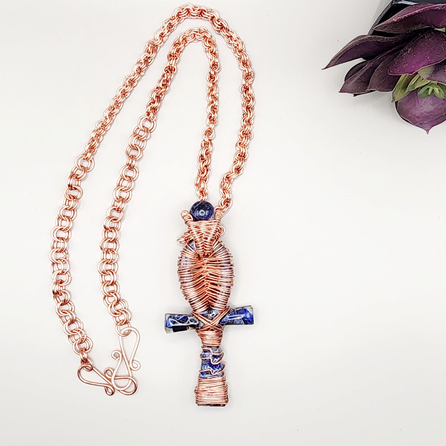 Copper Wrapped Blue Sodalite Resin Ankh Pendant with Copper Handmade Chain Link Necklace